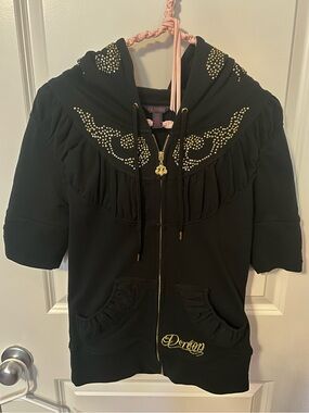 Dereon Vintage Y2K Half Sleeve Black Zip Up Hoodie with Gold Embellishments